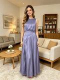 Soft Lavender Sleeveless Maxi Dress with Ruched High Neck & Cinched Waist | Versatile Long Silky Gown for Bridesmaid, Wedding Guest & Special Occasions