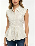 Structured Pinstripe Sleeveless Peplum Blouse | White Collared Button-Down Top for Office, Business Casual & Everyday