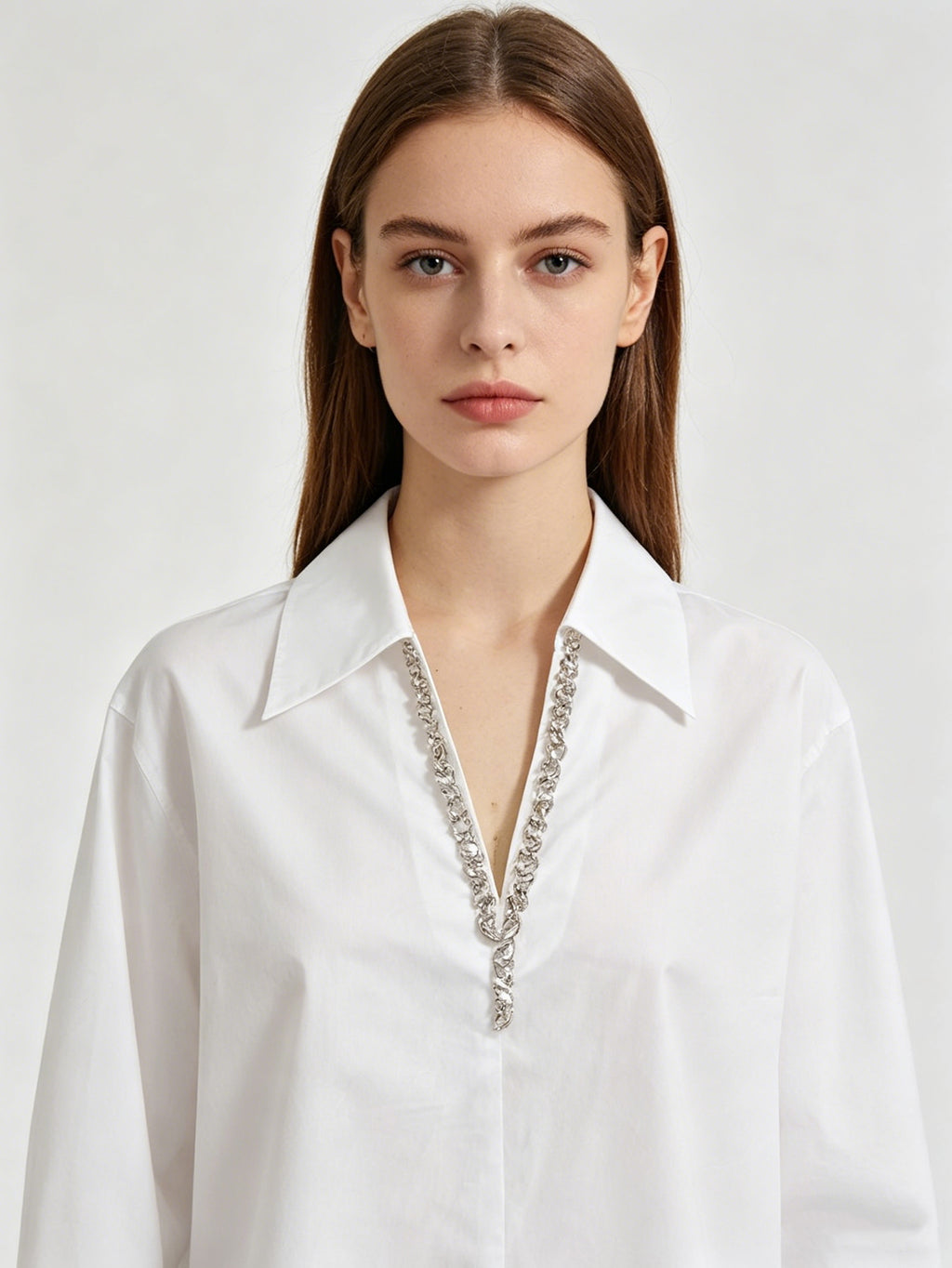 Chic White Cotton Shirt Oversized V-Neck Blouse, Perfect for Work & Street Style