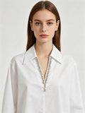 Chic White Cotton Shirt Oversized V-Neck Blouse, Perfect for Work & Street Style