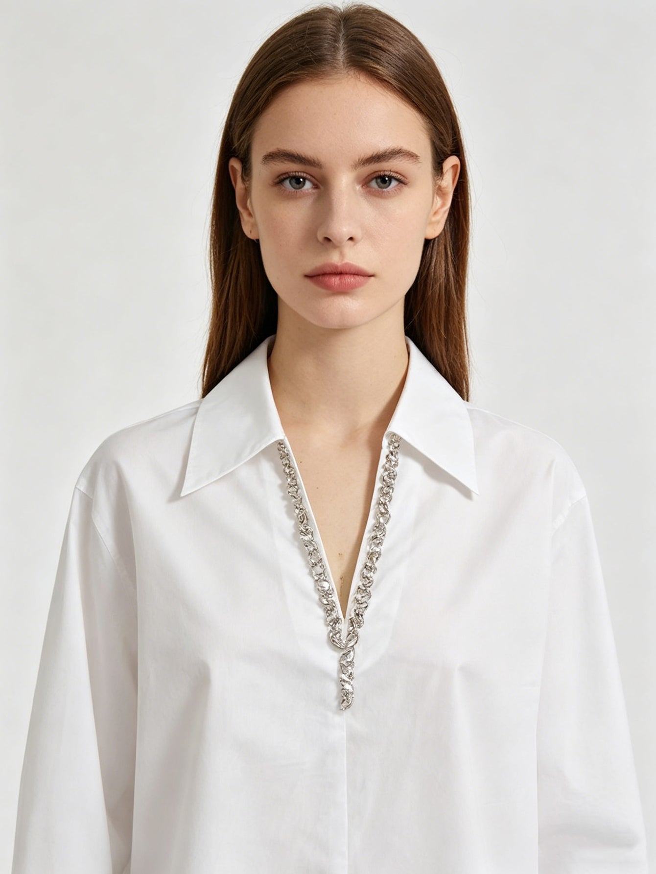 Chic White Cotton Shirt Oversized V-Neck Blouse, Perfect for Work & Street Style