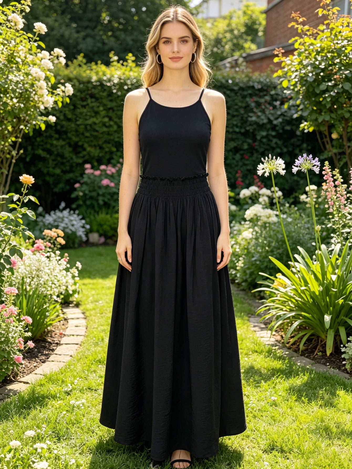 Black Halter Neck Maxi Dress | Sleeveless Smocked Waist Flowy Summer Casual Dress for Women