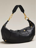 Women Black Crescent Bag | Pebbled Faux‑Leather Removable Strap Gold Hardware Casual Shoulder Purse