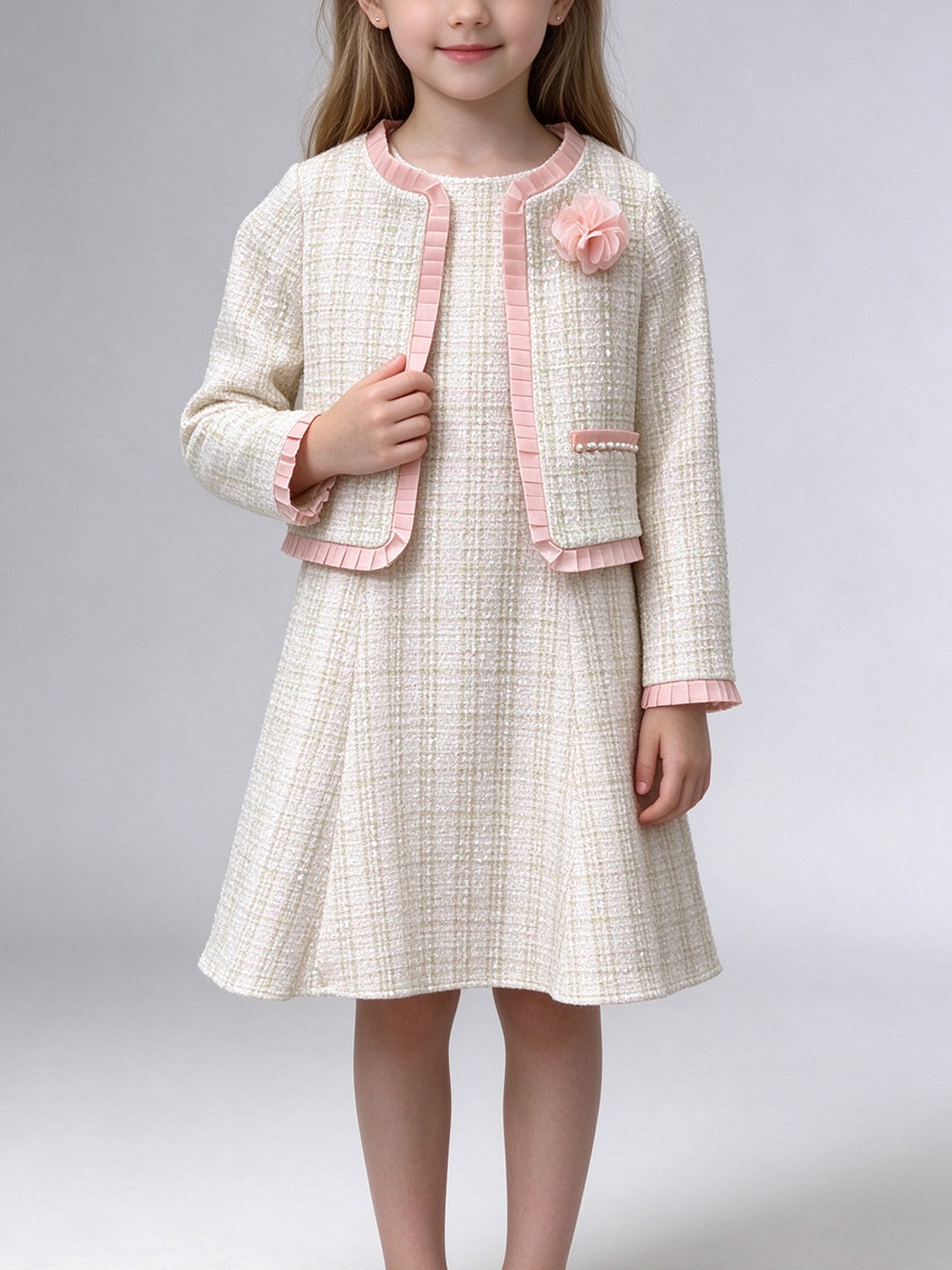Kid Girl Tweed Coat and Dress Set Floral Decor Long Sleeve Party Outfit