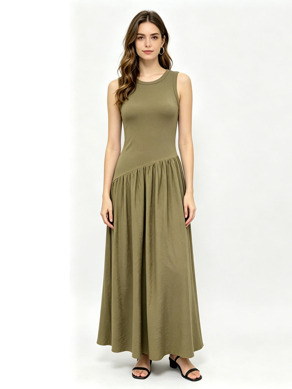 Olive Green Sleeveless Maxi Dress | Asymmetrical Ruched Waist Flowy Long Dress, Casual Elegant Tank Style for Everyday & Vacation