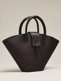 Women Dark Brown Fan‑Shaped Tote Bag | Pebbled Faux‑Leather Tab‑Flap Closure Minimal Top‑Handle Purse