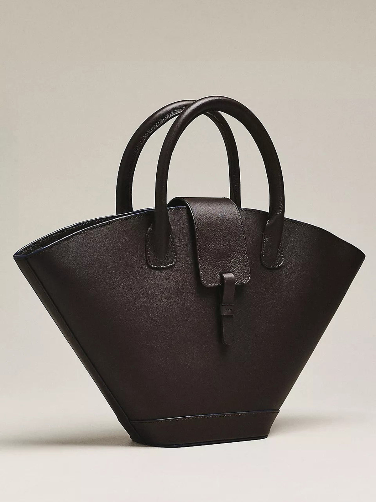 Women Dark Brown Fan‑Shaped Tote Bag | Pebbled Faux‑Leather Tab‑Flap Closure Minimal Top‑Handle Purse