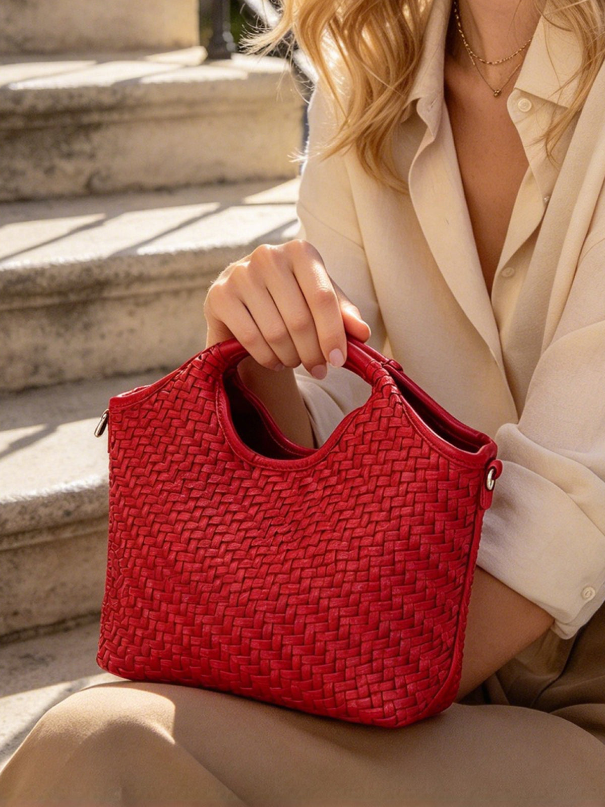 Red Hand Woven Leather Mini Handbag, Stylish Top Handle Crossbody Bag for Women Party