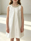 Girls Sleeveless A-Line Dress, Kids White Formal Dress with Hand Beaded Neckline