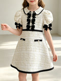 Little Girl Black Bow Tweed Dress, Formal Wedding Guest Dress for Kids
