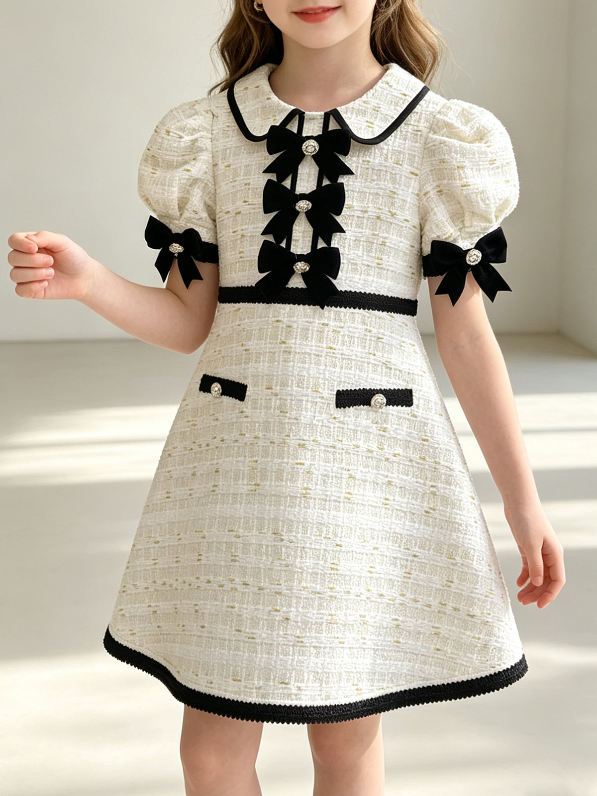 Little Girl Black Bow Tweed Dress, Formal Wedding Guest Dress for Kids