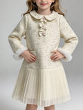 Children’s Beige Tweed Top with Faux Fur Trim and Tulle Pleated Skirt