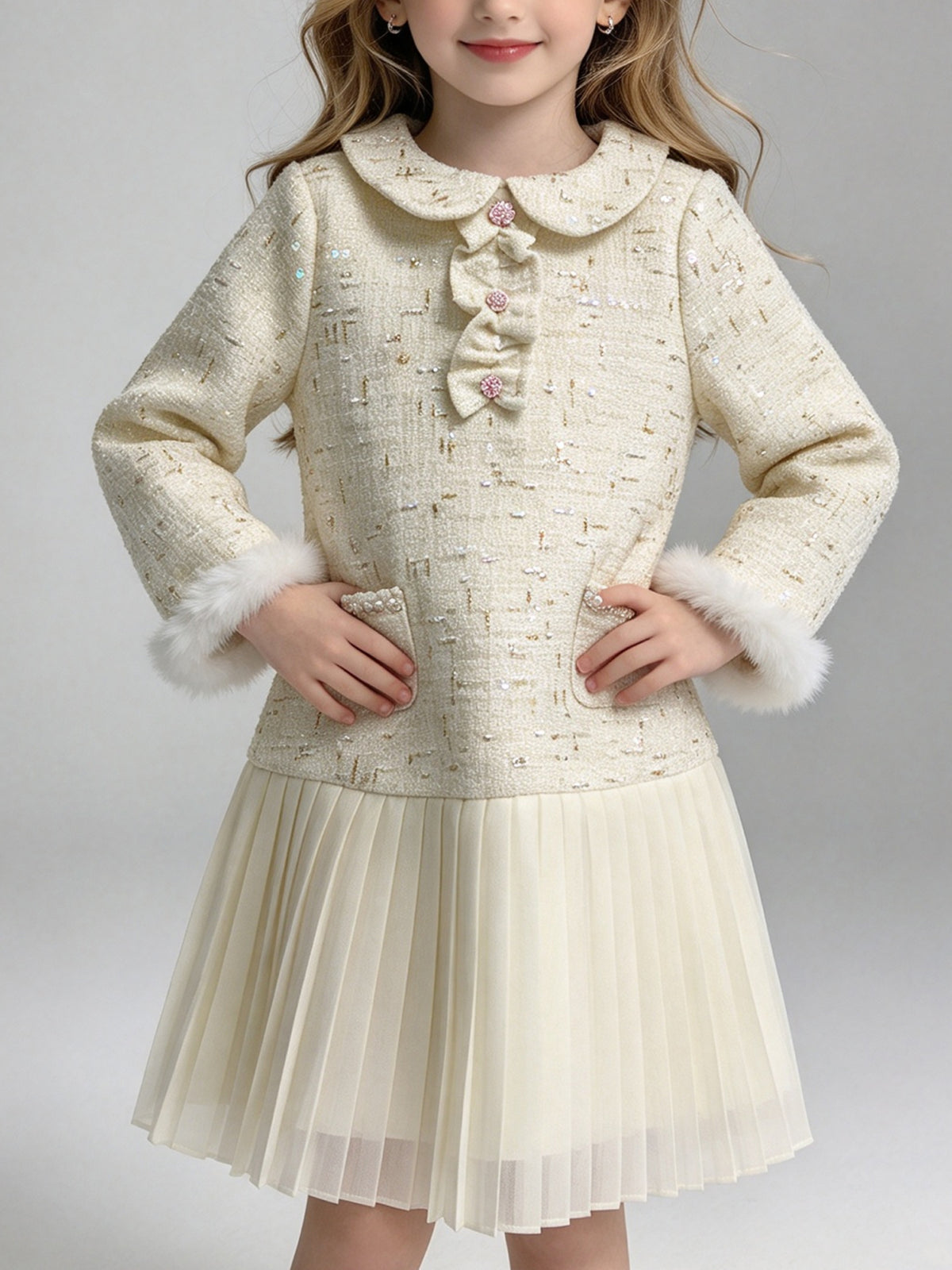 Children’s Beige Tweed Top with Faux Fur Trim and Tulle Pleated Skirt