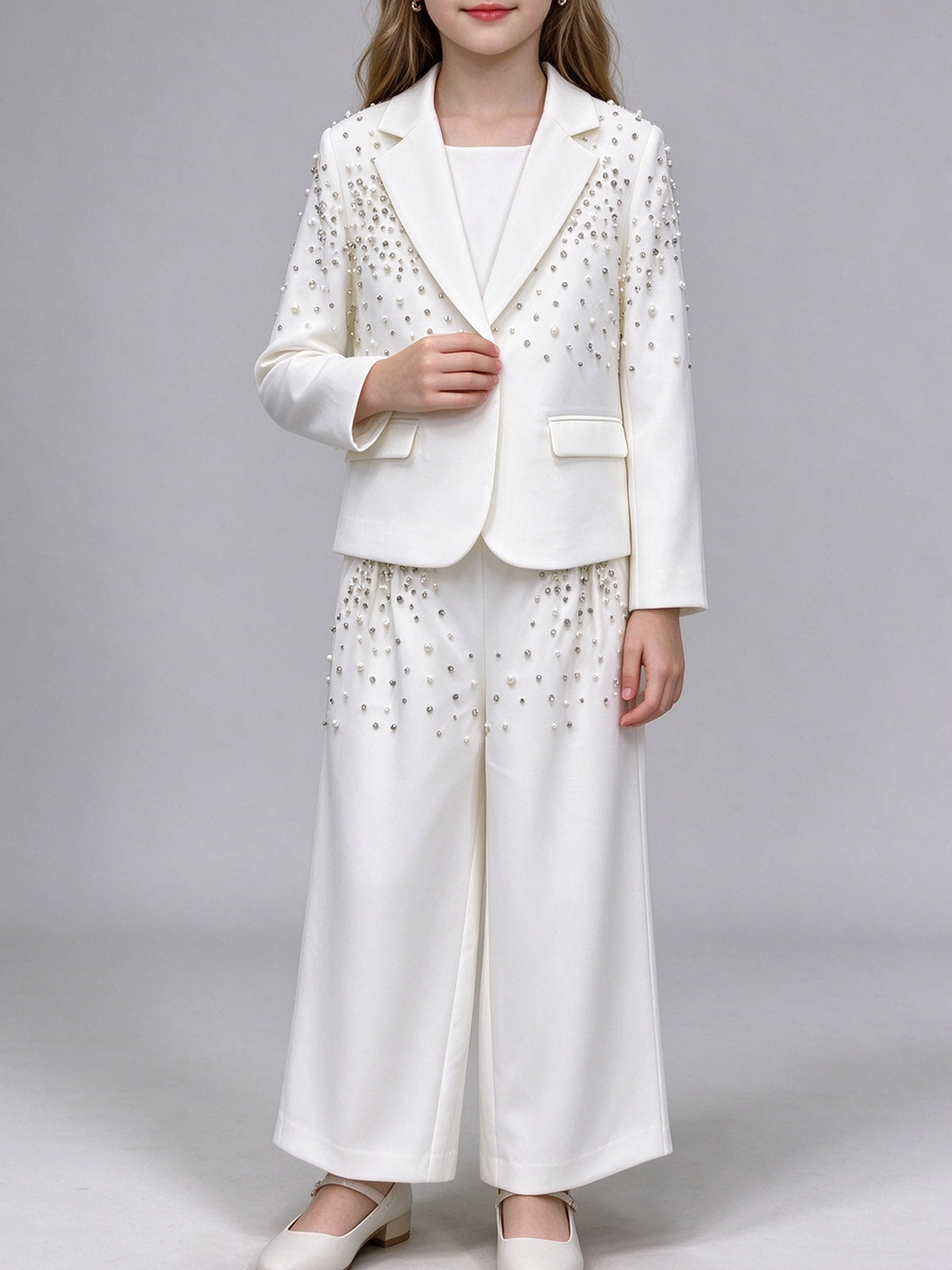 White Pearl-Beaded Girls' Two-Piece Suit + Wide-Leg Pants – Formal Gown