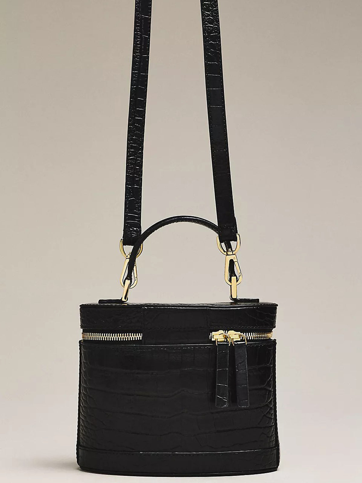 Women Black Croc Embossed Vanity Box Bag | Faux‑Leather Removable Crossbody Strap Gold Hardware Cylinder Purse