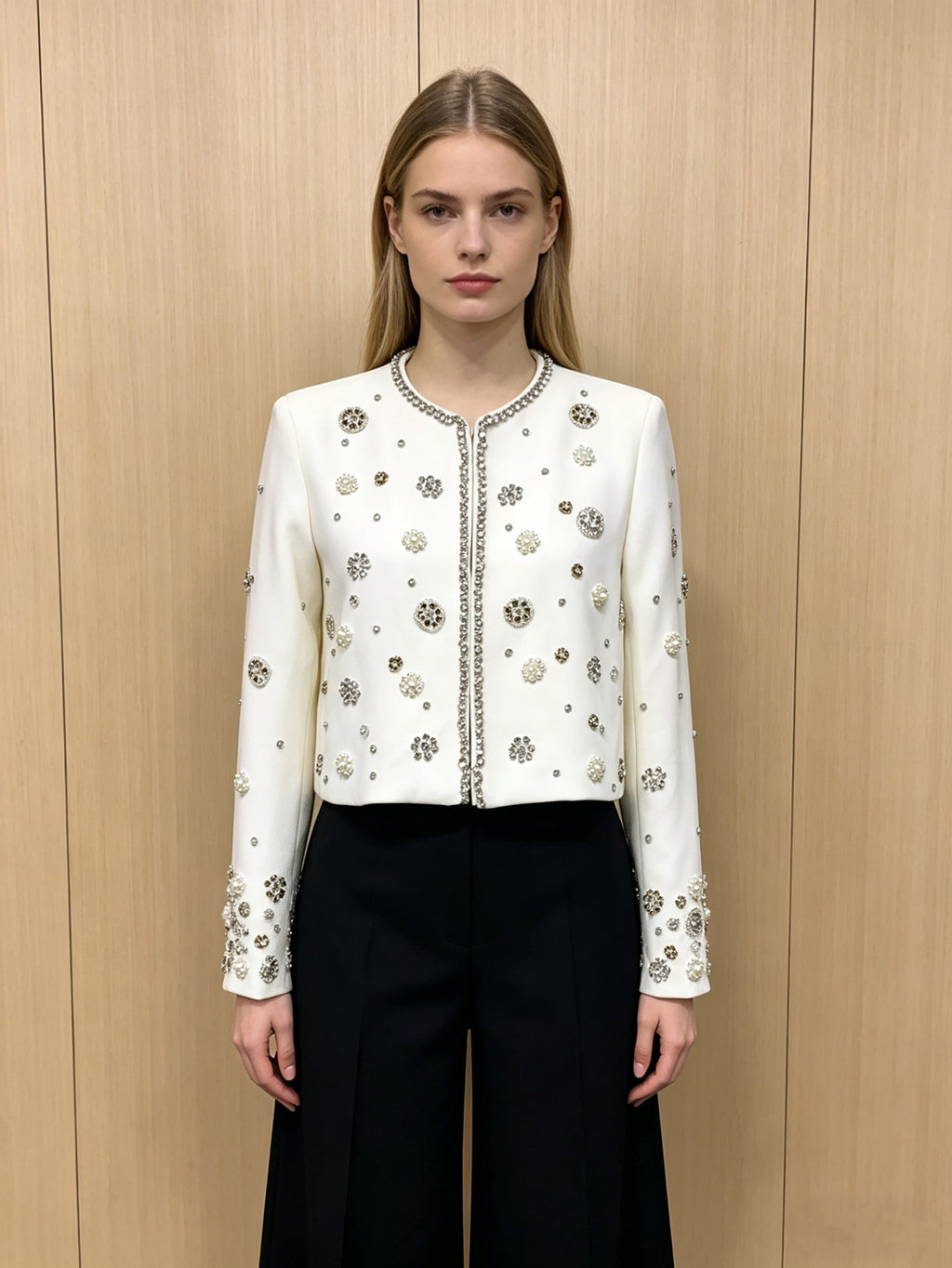 Chic White Beaded Cropped Jacket | Pearl & Rhinestone Embellished Blazer, Perfect for Events & Parties