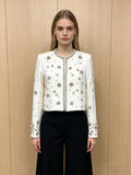 Chic White Beaded Cropped Jacket | Pearl & Rhinestone Embellished Blazer, Perfect for Events & Parties
