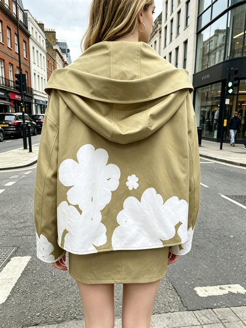 Chic Beige Floral Print Hooded Jacket | Oversized Cropped Parka, Perfect for Spring & Street Style