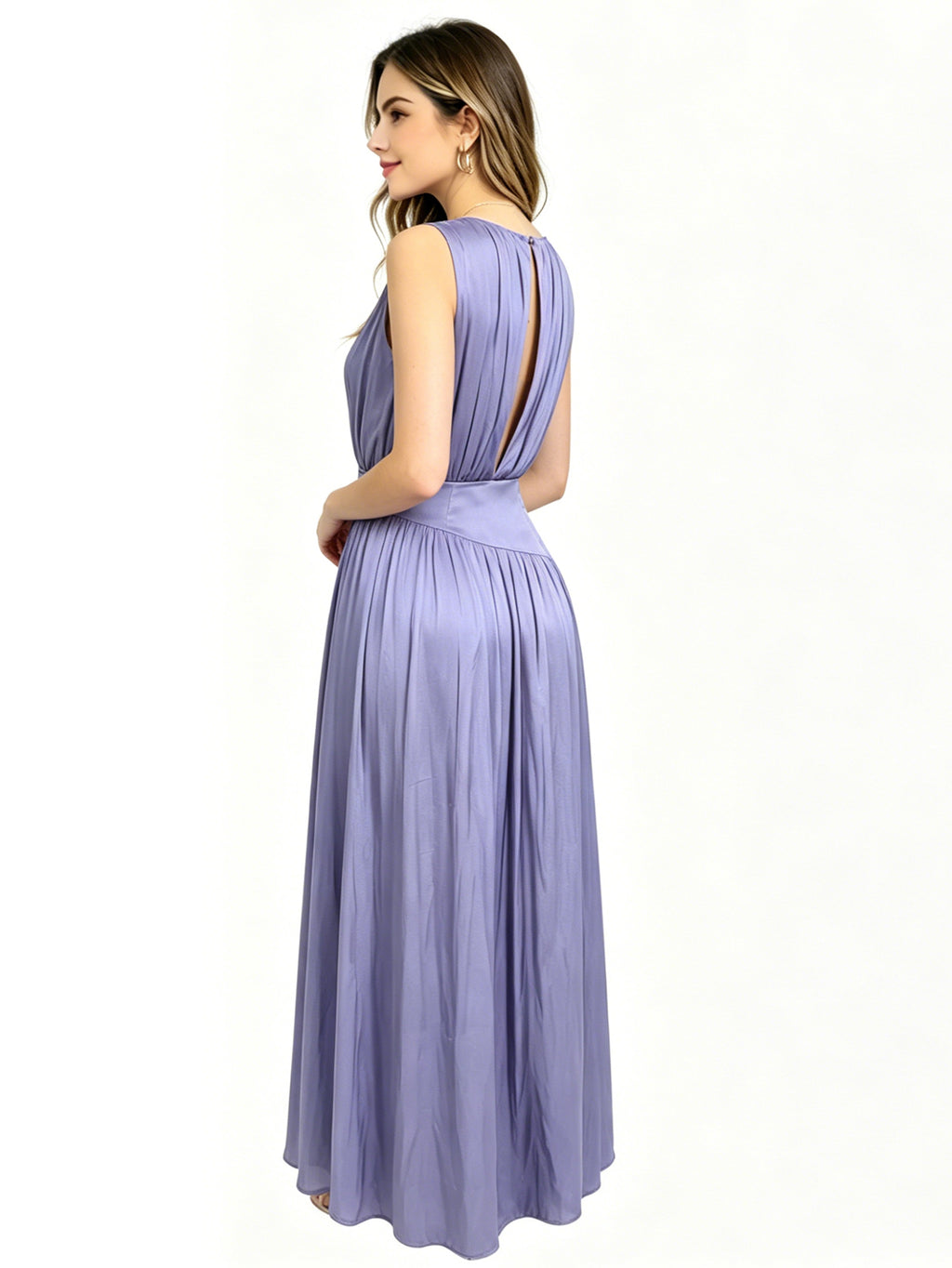 Soft Lavender Sleeveless Maxi Dress with Ruched High Neck & Cinched Waist | Versatile Long Silky Gown for Bridesmaid, Wedding Guest & Special Occasions