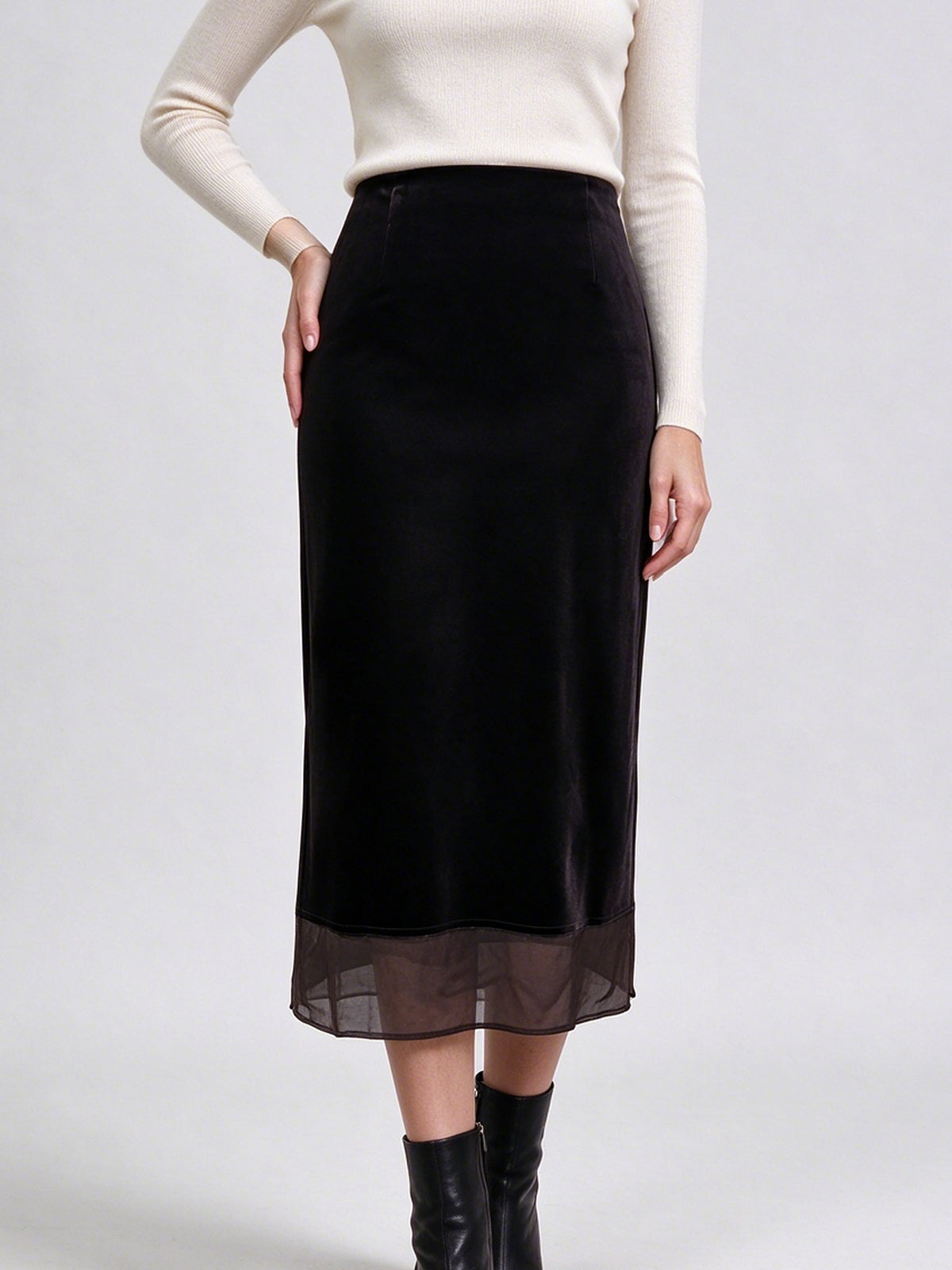 Ladies high waist brown velvet dress | skirt perspective mesh straight tube pencil skirt