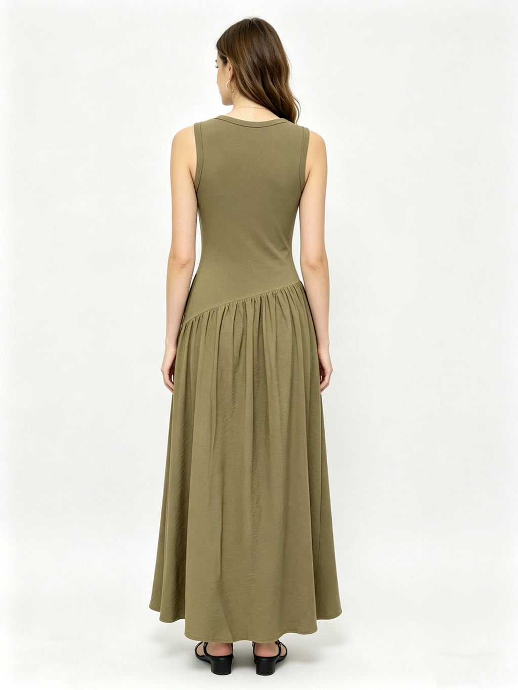Olive Green Sleeveless Maxi Dress | Asymmetrical Ruched Waist Flowy Long Dress, Casual Elegant Tank Style for Everyday & Vacation