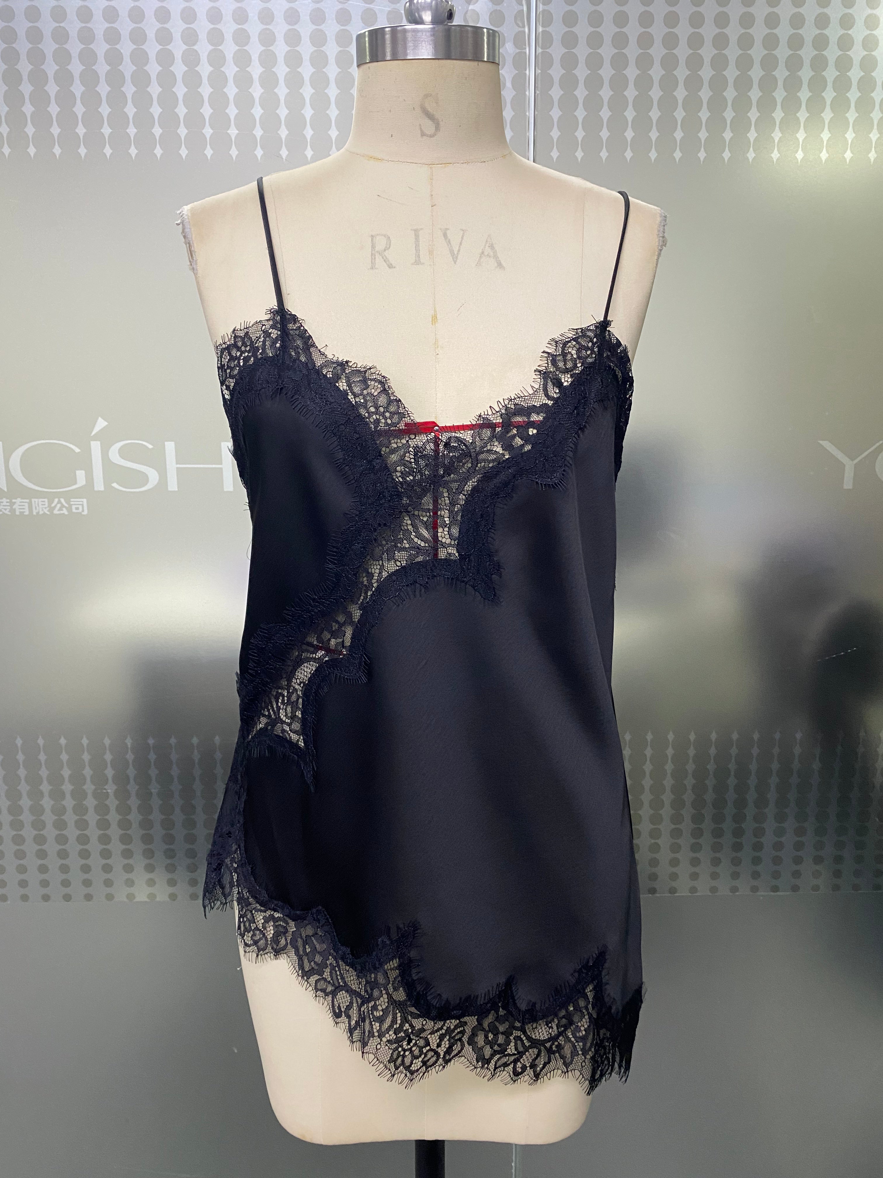 Elegant Black Silk-Like Satin Camisole Eyelash Lace Cutout Loose Backless Sleepwear Top For Home Layering