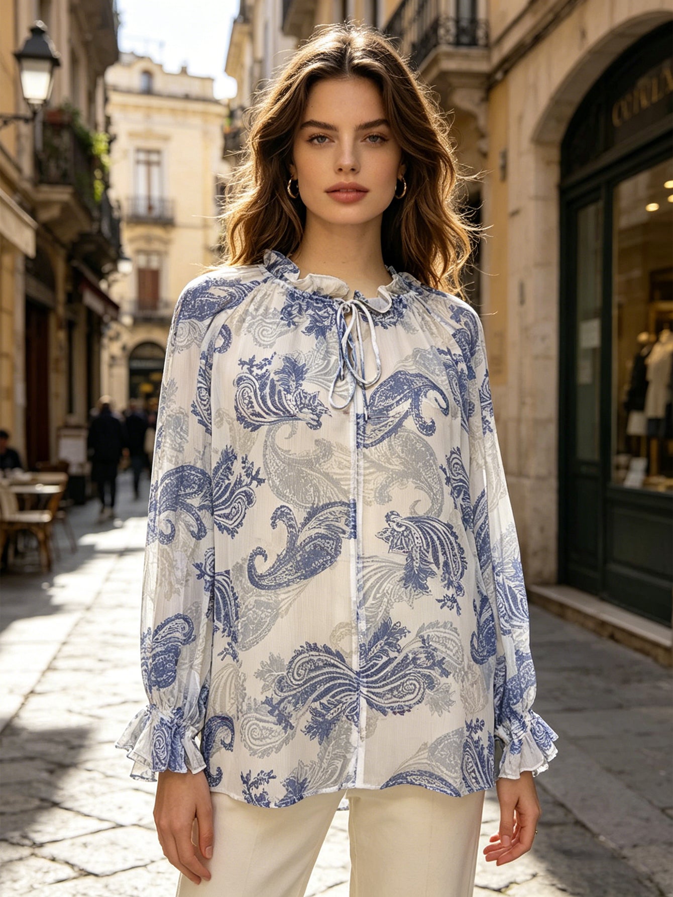 Blue Paisley Print Chiffon Blouse | Ruffled Neck Long Sleeve Tie-Neck Top, Boho & Casual Wear