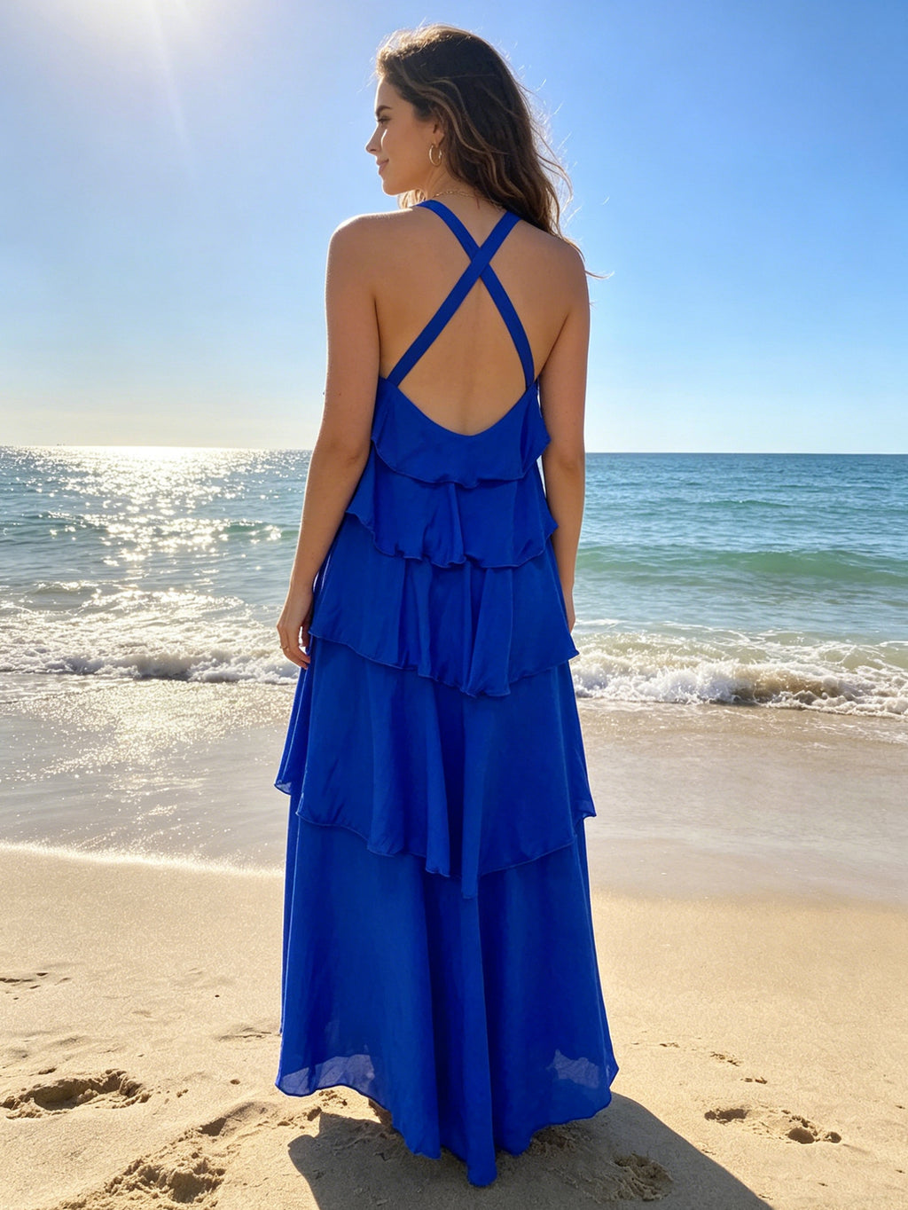 Royal Blue Halter Tiered Ruffle Maxi Dress | Backless Summer Vacation Beach Dress for Women