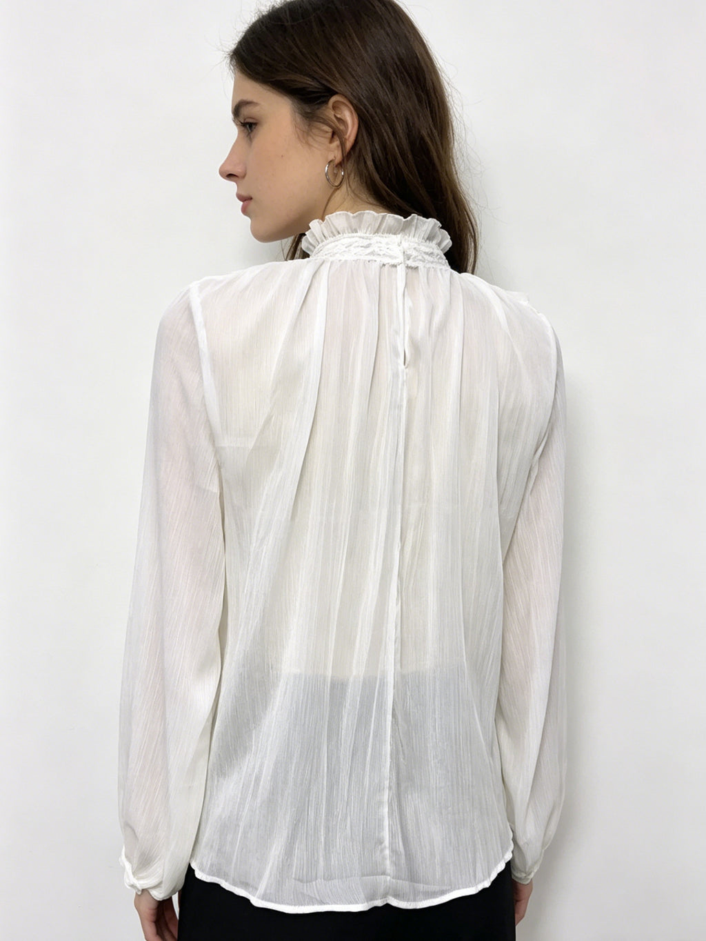 White Ruffled Lace Chiffon Blouse | Sheer Long Sleeve High Neck Top with Victorian Ruffles, Romantic & Elegant Wear
