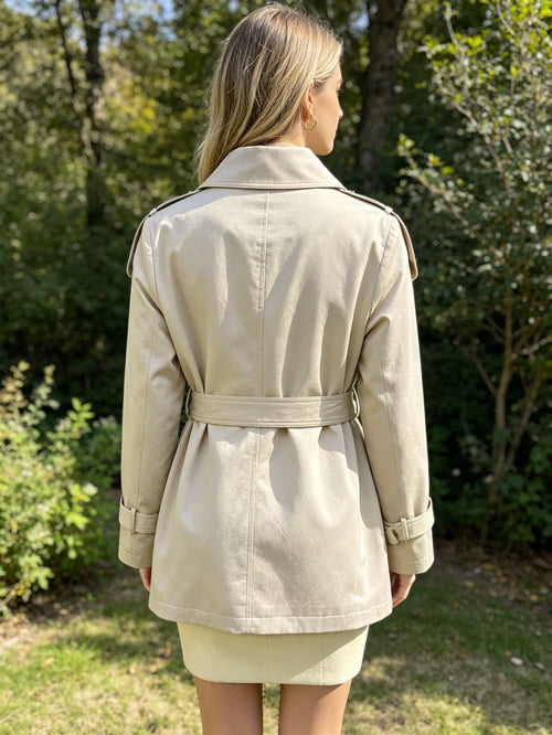 Chic Beige Asymmetrical Collar Trench Coat | Belted Short Trench Jacket, Perfect for Spring & Fall