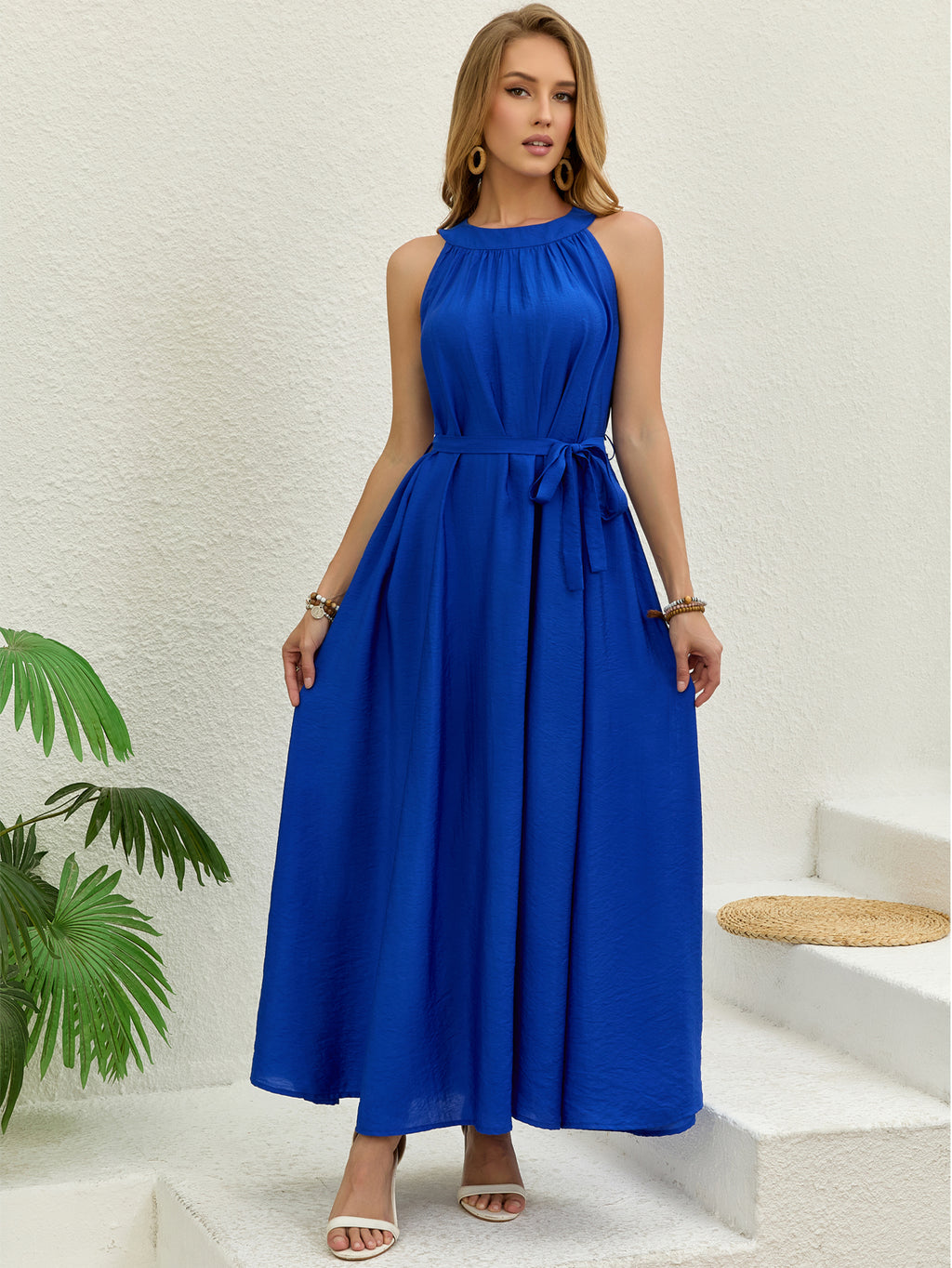Royal Blue Halter Neck Maxi Dress | Sleeveless Belted Flowy Summer Beach Vacation Dress for Women