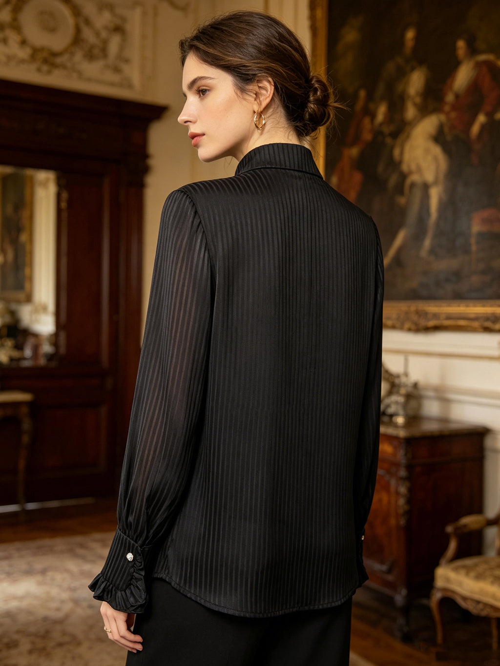 Black Satin Striped Blouse with Ruffle Trim | Collared Long Sleeve Button-Up Shirt for Business Casual, Date Night & Formal Occasions