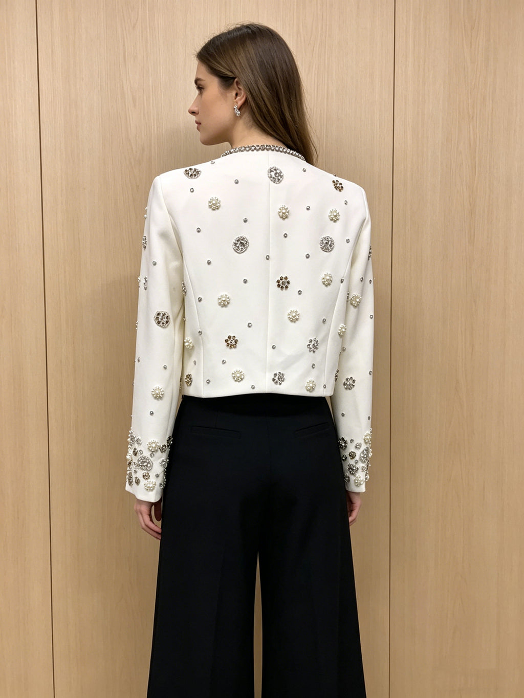 Chic White Beaded Cropped Jacket | Pearl & Rhinestone Embellished Blazer, Perfect for Events & Parties