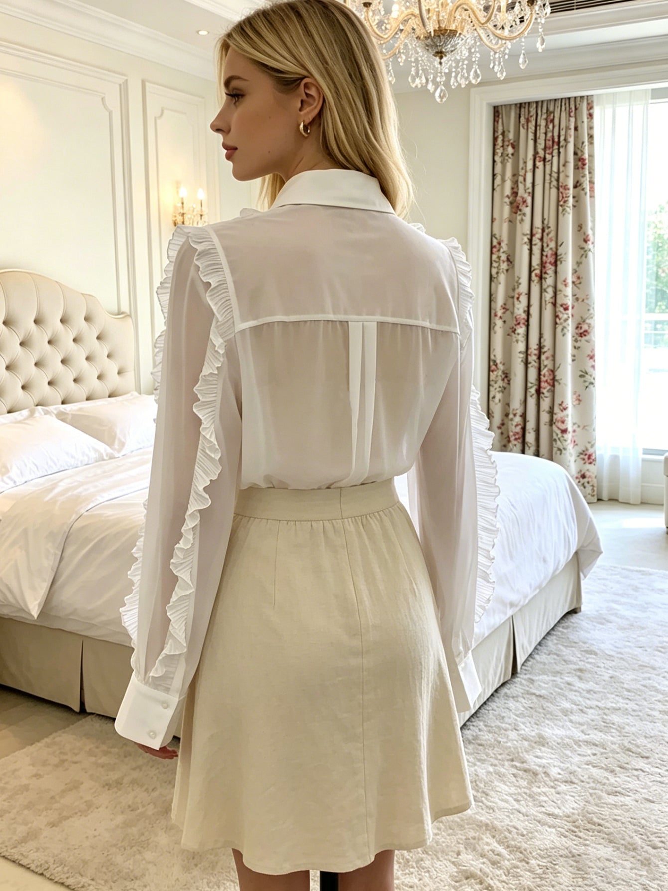 White Ruffled Sheer Chiffon Blouse | Button-Down Shirt with Point Collar, Elegant Office & Bridal Wear