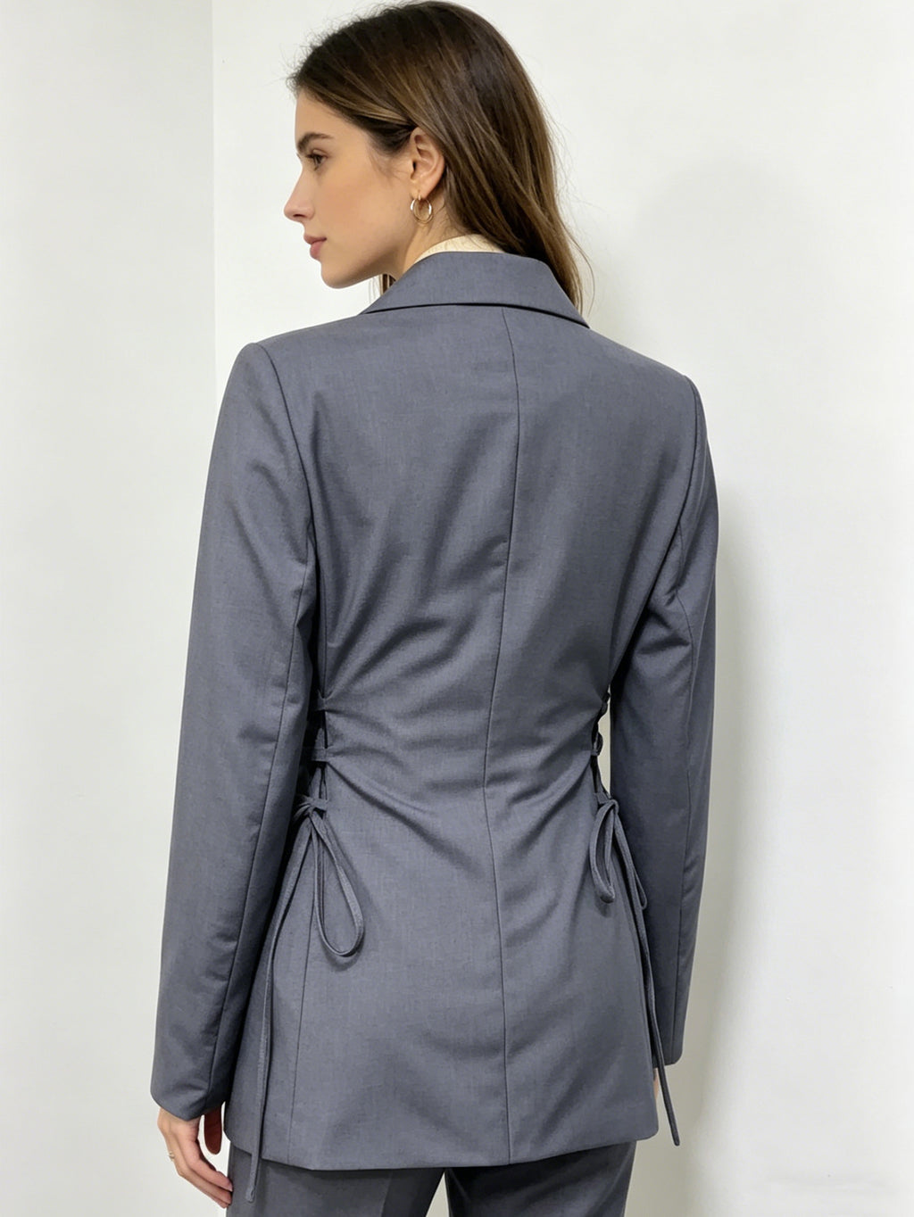 Grey Tailored Blazer with Side Tie Detail | Slim Fit Single-Breasted Suit Jacket, Office & Formal Wear