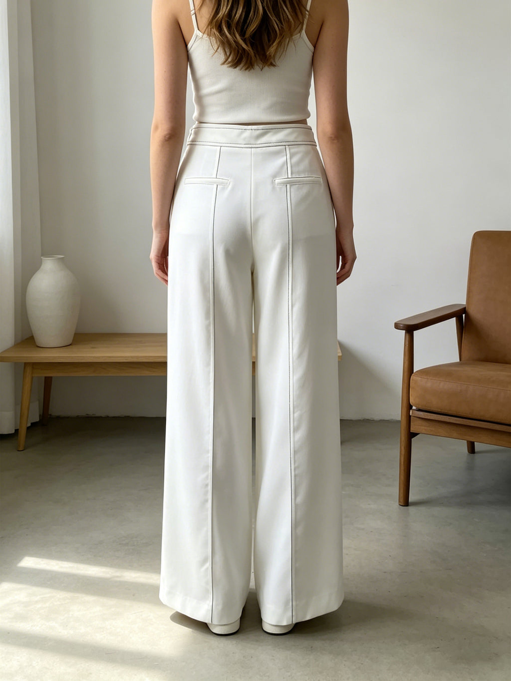 White High-Waisted Wide-Leg Trousers | Contrast Stitch Pants with Gold Waist Buttons, Elegant Office & Formal Wear