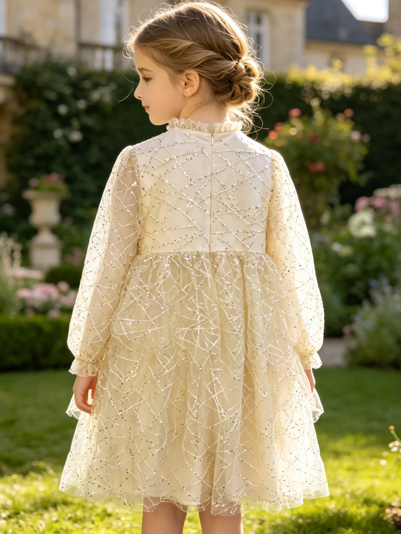 Cream Sequin-Embellished Tulle Girls' Dress | Ruffled Neck, Black Bow & Long Sleeves, Elegant Party Dress for Special Occasions