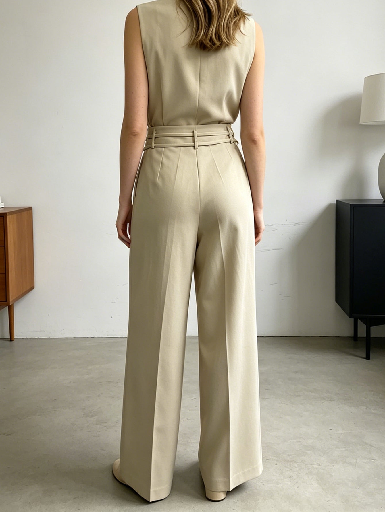 Chic Beige Tie-Belt Wide-Leg Pants | Pleated Tailored Trousers, Perfect for Work & Elevated Casual