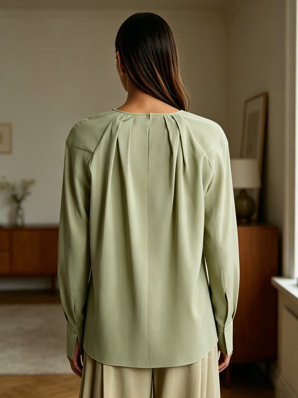 Chic Sage Green Pleated Blouse | Soft Draped Long Sleeve Top, Perfect for Work & Casual Chic Outings