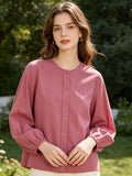 Dusty Pink Crew Neck Button-Up Blouse with Elasticated Neck & Cuffs | Flowy Long Sleeve Casual Top for Everyday & Vacation