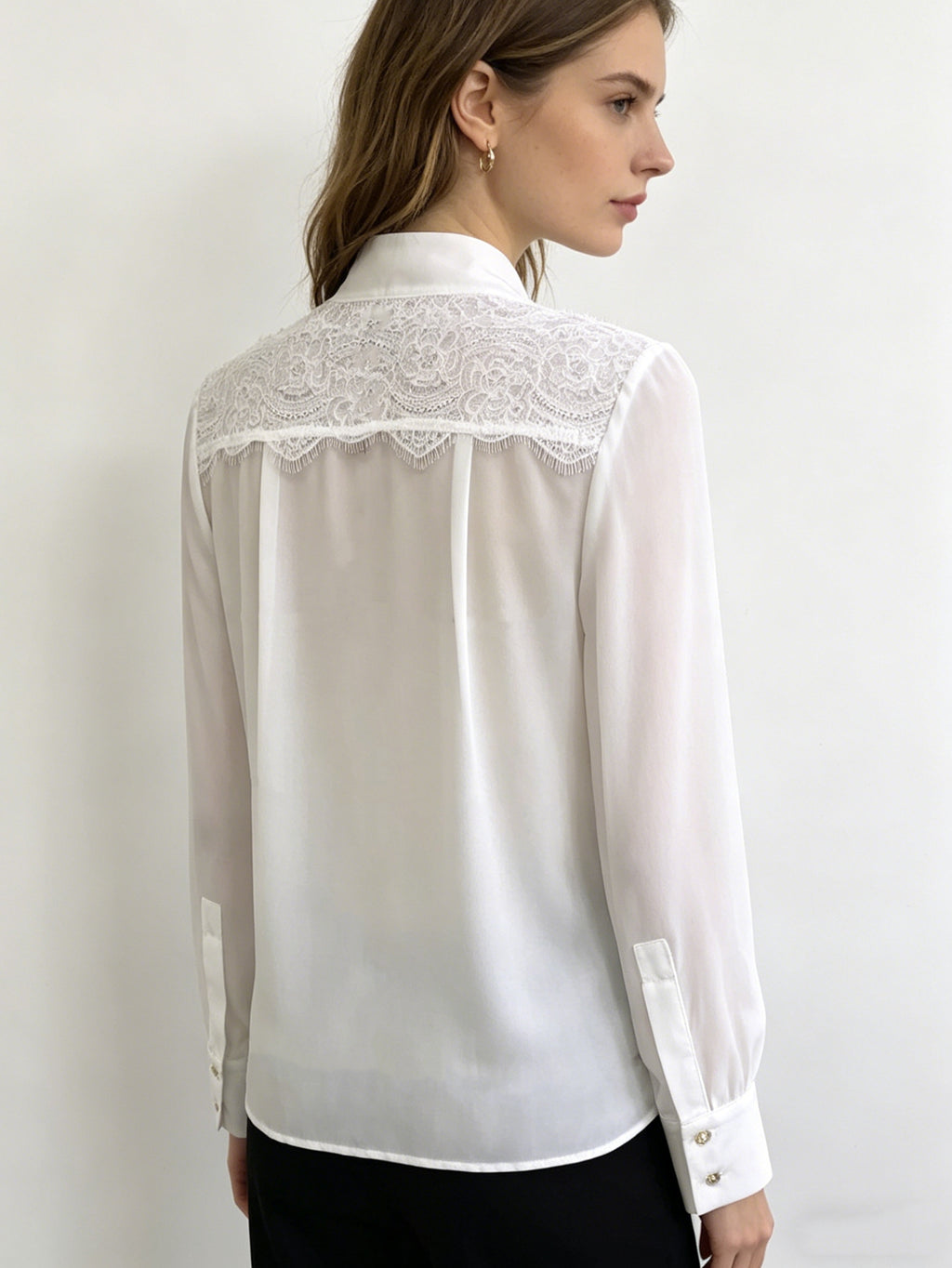 White Lace Trim Bow Blouse | Sheer Chiffon Button-Down Shirt with Neck Tie, Elegant Office Wear