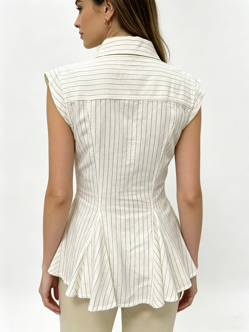 Structured Pinstripe Sleeveless Peplum Blouse | White Collared Button-Down Top for Office, Business Casual & Everyday