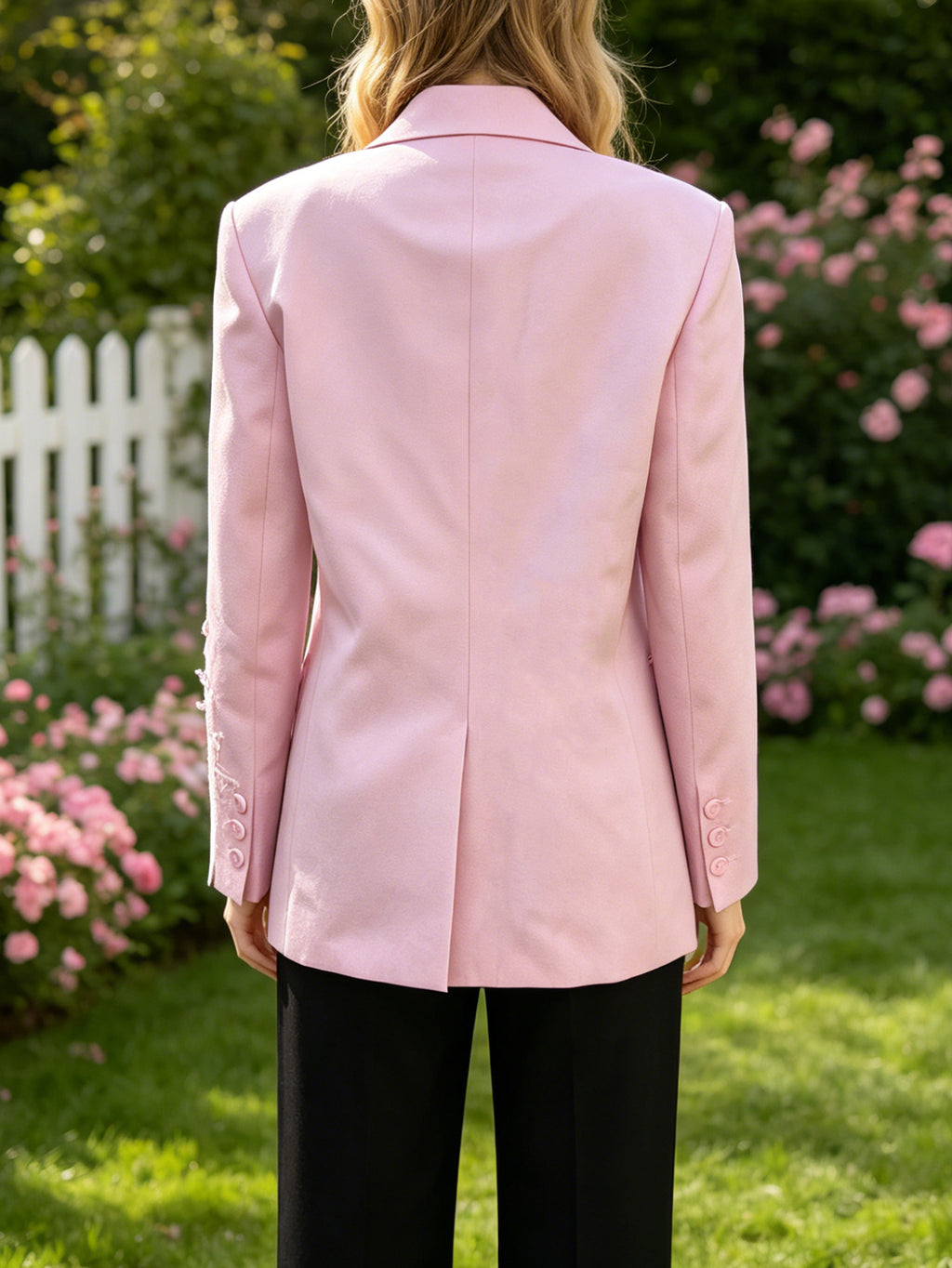 Pink Double-Breasted Blazer with Floral Lace Applique | Tailored Feminine Jacket for Bridal Showers, Garden Parties & Office Wear