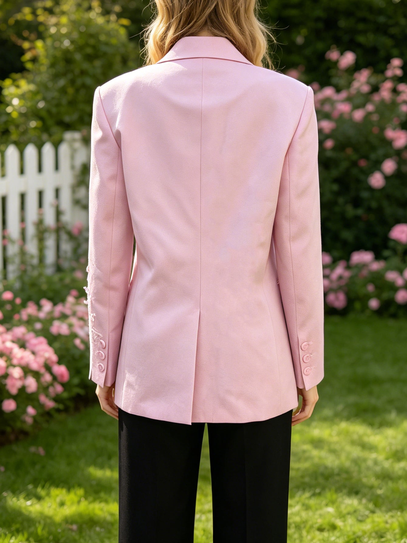 Pink Double-Breasted Blazer with Floral Lace Applique | Tailored Feminine Jacket for Bridal Showers, Garden Parties & Office Wear