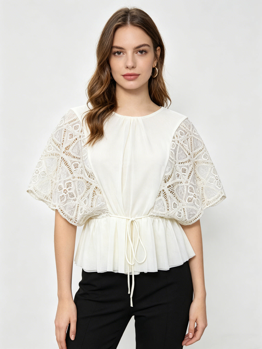 White Lace Sleeve Peplum Blouse | Crochet Batwing Top with Drawstring Waist & Open Back
