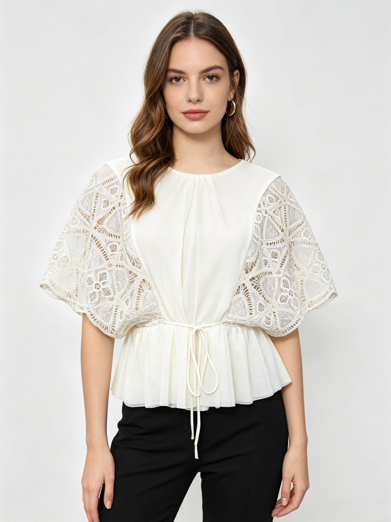 White Lace Sleeve Peplum Blouse | Crochet Batwing Top with Drawstring Waist & Open Back