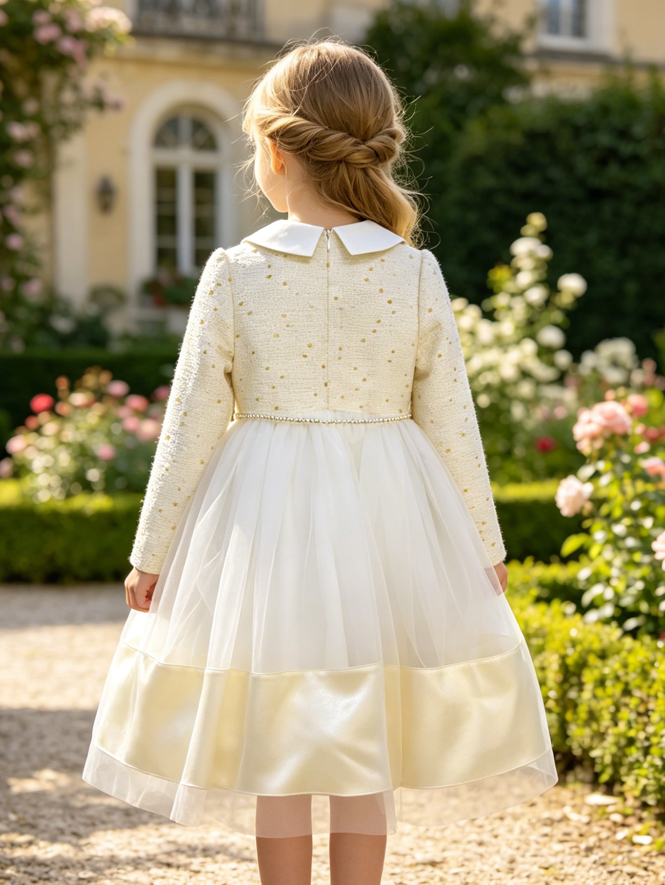 Chic Ivory Tweed Tulle Dress for Girls | Elegant Pearl Waist & Peter Pan Collar, Perfect for Weddings & Birthdays