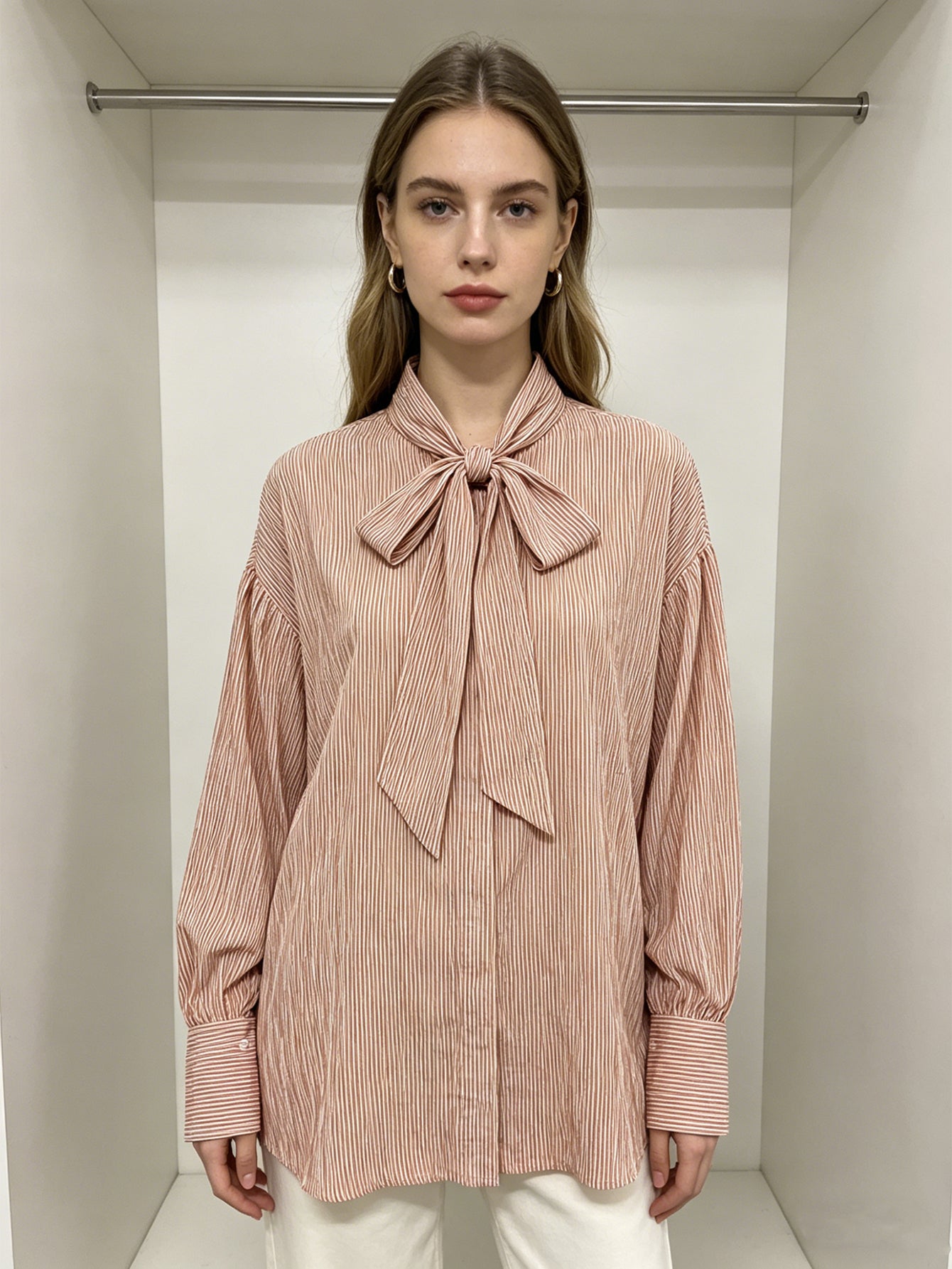 Pink White Striped Bow Tie Neck Blouse | Long Sleeve Oversized Casual Work Shirt for Women