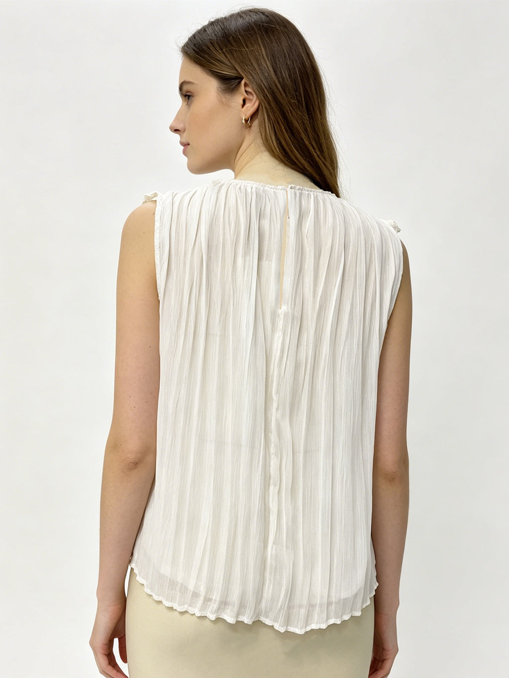White Lace Crochet Sleeveless Blouse | Pleated Ruffle Hem Casual Summer Top for Women