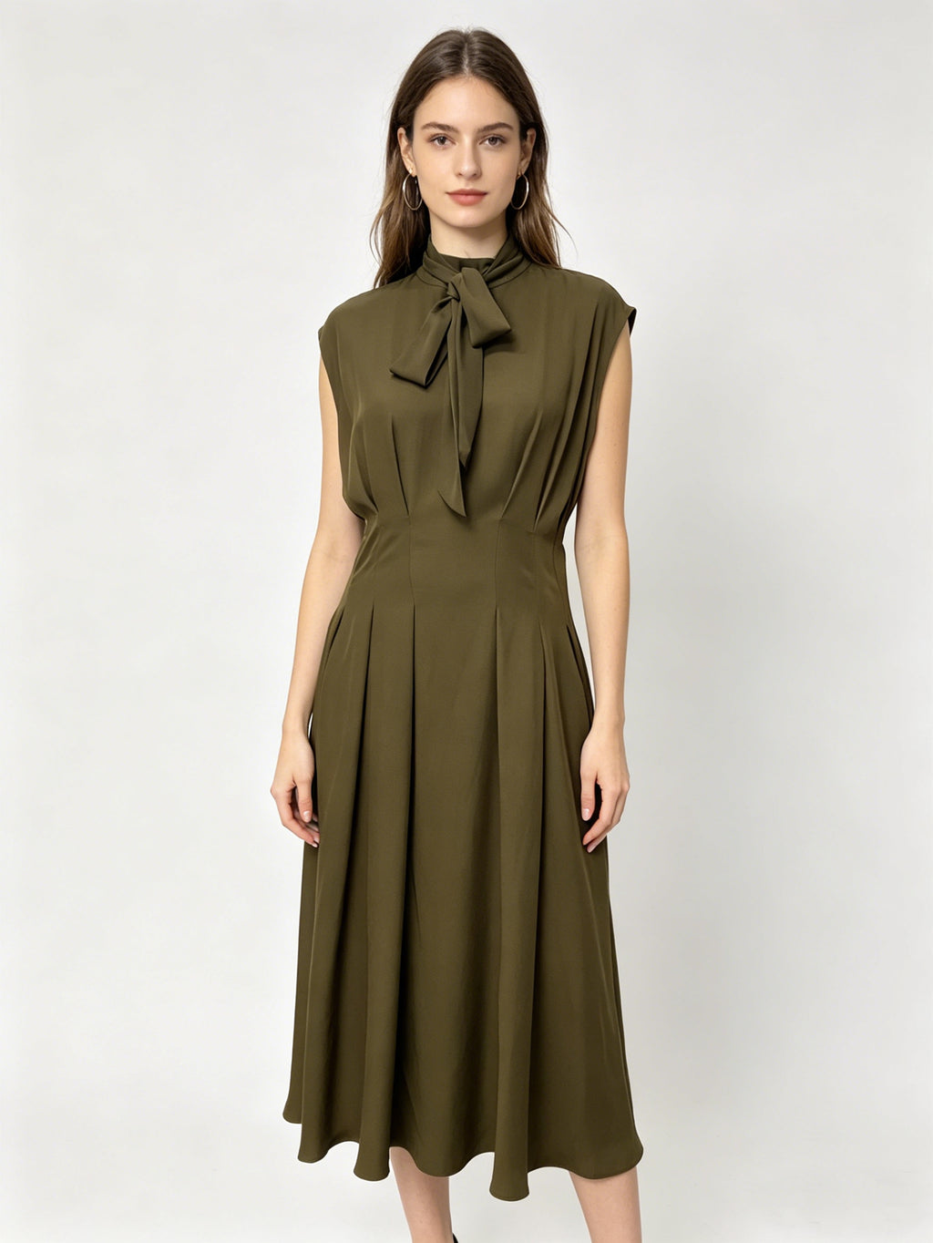Olive Green Tie-Neck Midi Dress | Sleeveless Pleated-Waist Casual Work Dress for Women